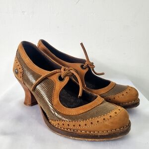 Women's Tan Suede & Metallic Lace-Up Heels